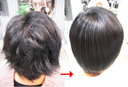 この写真のような縮毛矯正は進化したシステム:マレーア・レナータ縮毛矯正施術へ転換しています。なおこの施術に用いたミコノスは既に廃盤になりました。