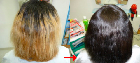 この写真のようなサプリカラーをしていた97%の美容室は進化したシステム:マレーア・レナータカラーへ転換しています。なおこの施術に用いたミコノスは既に廃盤になりました。