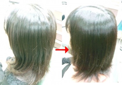 この写真のようなクイックストレート(トリートメント)をしていた97%の美容室は進化したシステム:マレーア・レナータストレートへ転換しています。なおこの施術に用いたミコノスは既に廃盤になりました。