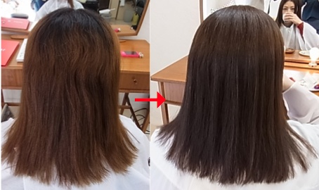 この写真のようなサプリカラーをしていた97%の美容室は進化したシステム:マレーア・レナータカラーへ転換しています。なおこの施術に用いたミコノスは既に廃盤になりました。