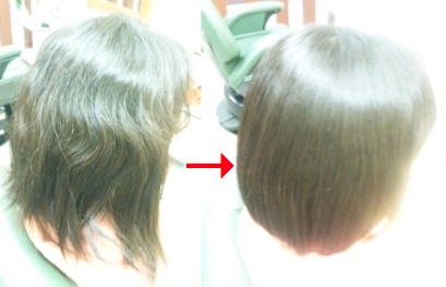 この写真のようなクイックストレート(トリートメント)をしていた97%の美容室は進化したシステム:マレーア・レナータストレートへ転換しています。なおこの施術に用いたミコノスは既に廃盤になりました。