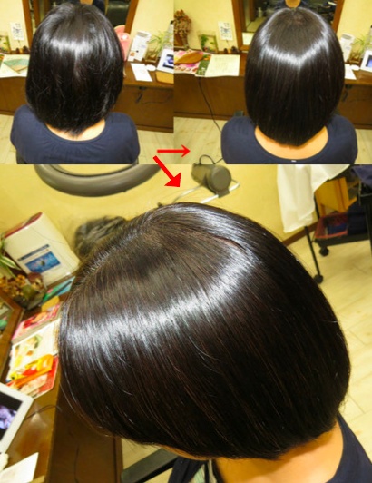 この写真のような縮毛矯正は進化したシステム:マレーア・レナータ縮毛矯正施術へ転換しています。なおこの施術に用いたミコノスは既に廃盤になりました。