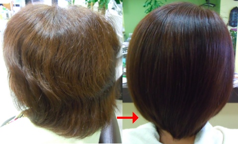 この写真のような縮毛矯正+カラー施術をされていた97%の美容室は進化したシステム:マレーア・レナータ縮毛矯正+カラー施術へ転換しています。なおこの施術に用いたミコノスは既に廃盤になりました。