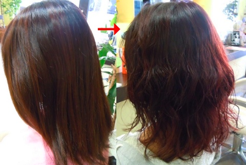 この写真のようなパーマ+カラー施術をされていた97%の美容室は進化したシステム:マレーア・レナータカール+カラー施術へ転換しています。なおこの施術に用いたミコノスは既に廃盤になりました。