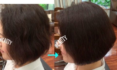 この写真のようなクイックストレート(トリートメント)をしていた97%の美容室は進化したシステム:マレーア・レナータストレートへ転換しています。なおこの施術に用いたミコノスは既に廃盤になりました。