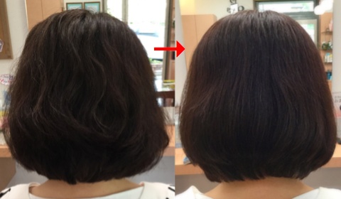 この写真のようなクイックストレート(トリートメント)をしていた97%の美容室は進化したシステム:マレーア・レナータストレートへ転換しています。なおこの施術に用いたミコノスは既に廃盤になりました。