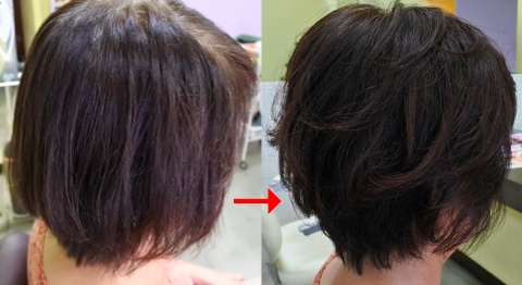 この写真のようなパーマ+カラー施術をされていた97%の美容室は進化したシステム:マレーア・レナータカール+カラー施術へ転換しています。なおこの施術に用いたミコノスは既に廃盤になりました。