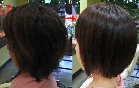 この写真のような縮毛矯正+カラー施術をされていた97%の美容室は進化したシステム:マレーア・レナータ縮毛矯正+カラー施術へ転換しています。なおこの施術に用いたミコノスは既に廃盤になりました。